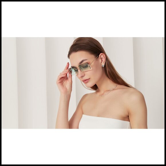 Vintage Retro Rimless Sunglasses Gold Metal Frame Square Lens Y2K Style